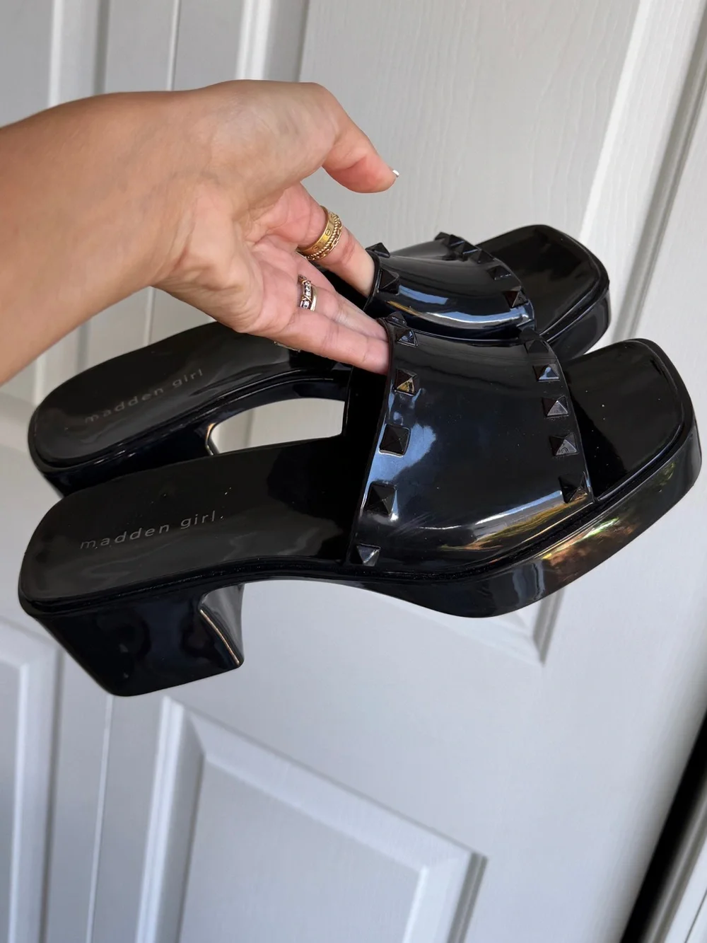 Madden Girl Black Patent Studded Slide Heels 8.5